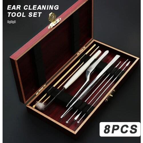 8pcs Professional Ear Care Cleaning Tools Kit Earwax Picker Remover Personal Cleaner With A Wooden Storage Box