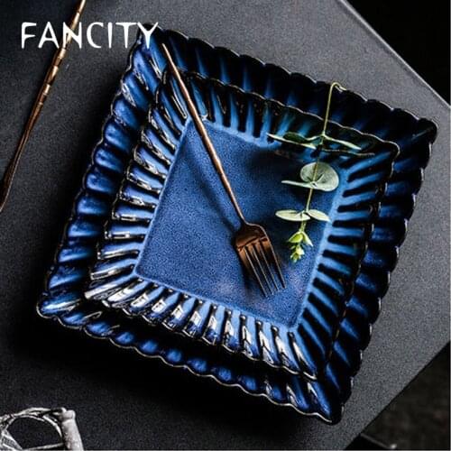 FANCITY European retro chrysanthemum blue ceramic tableware restaurant western plate fruit plate dish square plate shallow plate