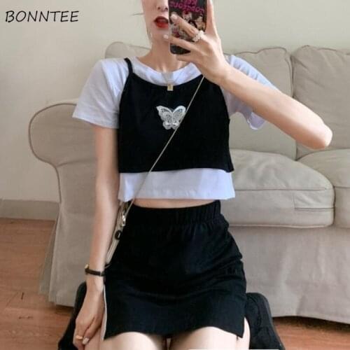 Short Sleeves T-shirts Preppy Patchwork Embroidery O-neck Tops Summer Kawaii Streetwear Casual Design Trendy Female Girlish Chic