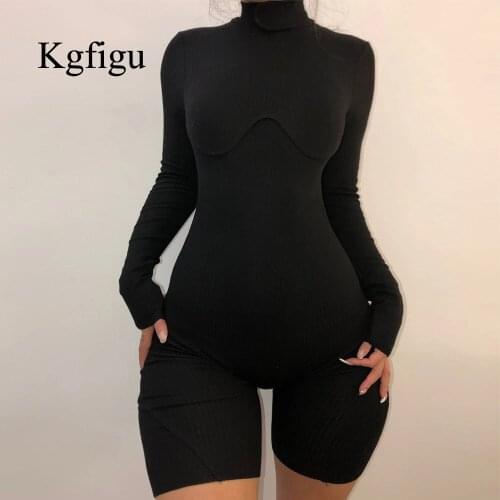 KGFIGU 2021 New Arrival Womens Spring Black Sexy Shorts Set Tight Casual LONG SLEEVE BODYSUIT