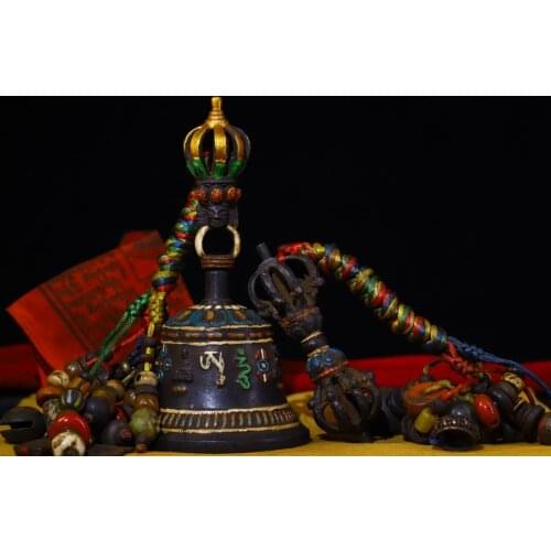 8"Tibet Temple Collection Old Bronze Tracing Sakyamuni Sanskrit Rattle Bells Vajra set Pendant Town House Exorcism