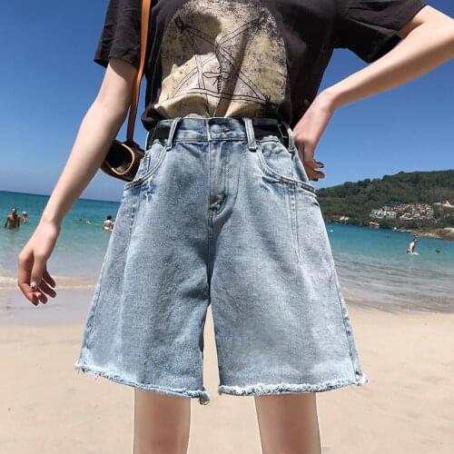 Cool Summer new Fashion High waist denim shorts female Loose Korean style Women Pocket street Casual Wide leg straight shorts