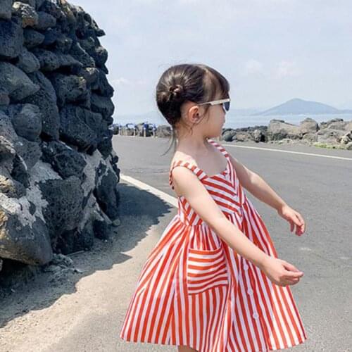 Summer Sling Dress For Girls Fashion Single Breasted Sleeveless Knee Length Dresses Children Kids Holiday Vacation Clothes