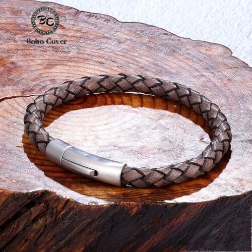 Mens Vintage Style Genuine Leather Bracelet Simple Gold Stainless Steel Buckle Lover Cuff Bangles Hand-Woven Male Jewelry Gifts