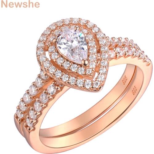 Newshe Solid 925 Sterling Silver Rose Gold Color Wedding Engagement Ring Set For Women Halo Pear Shape Zircons BR0912