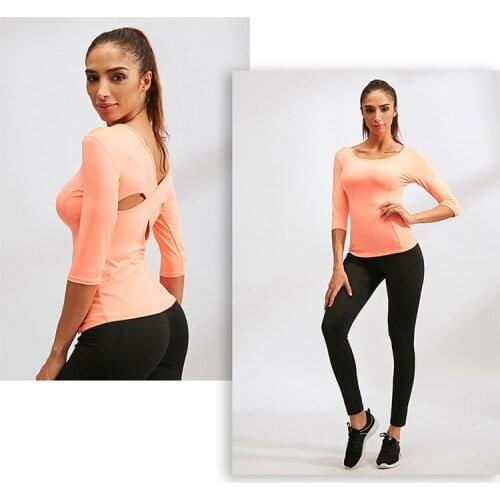 New Womens yoga wear fitness running sports dance tight-fitting was thin shirt cross beautiful back mid-long sleeve Sports top