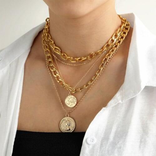 Punk Gold Portrait Coin Pendant Necklace For Women Cuban Multilayered Chunky Thick Chain Choker Necklaces Gothtic Jewelry