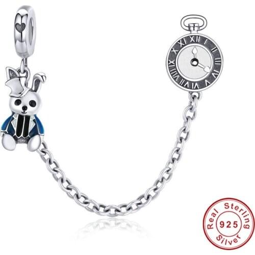 Fit Europe Bracelet Original 925 Sterling Silver Magic Hat Rabbit Clock Safety Chain Beads for Jewelry Making Cute Animal Charm
