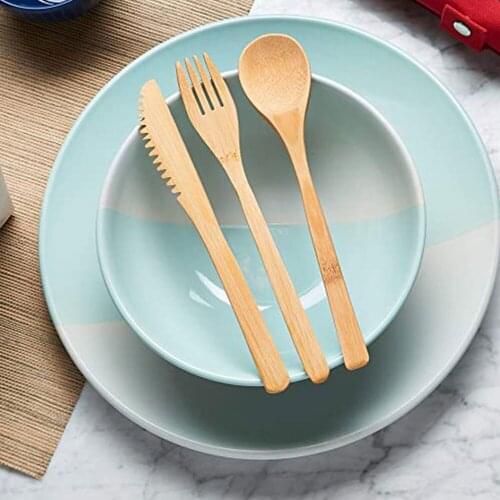 Portable 3pcs/set Eco-friendly Tableware Bamboo Cutlery Set With Spoon Fork Knife Travel Dinnerware Suit