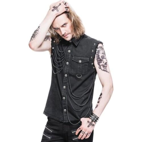 Gothic Punk Shirts Fashion Men Summer Sleeveless Cotton Shirt Tops Black Cowboy Rivets Slim Fit Clothing Large Sizes