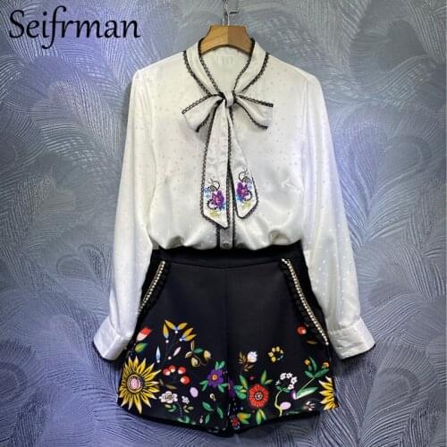 Seifrmann Summer Women Fashion Designer Shorts Set Bow Long Sleeve Loose Blouses+High Waist Beading Shorts 2 Two Pieces Suits