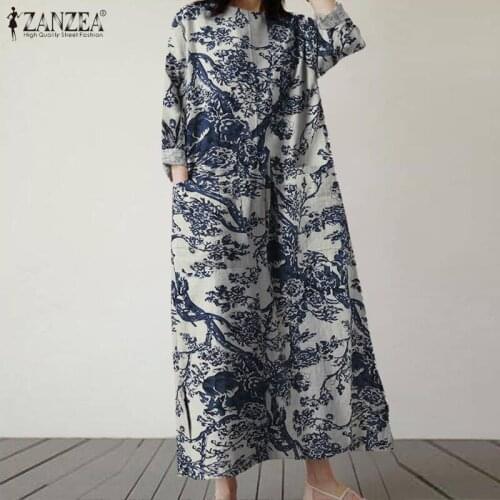Vintage Printed Dress Womens Autumn Sundress ZANZEA 2021 Casual Floral Maxi Vestidos Female Long Sleeve Robe Femme Plus Size