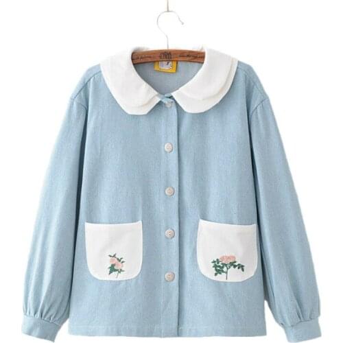 MERRY PRETTY Autumn Floral Embroidery Jeans Jacket Women Single Breasted Long Sleeve Preppy Style Cute Sweet Denim Jacket Girls