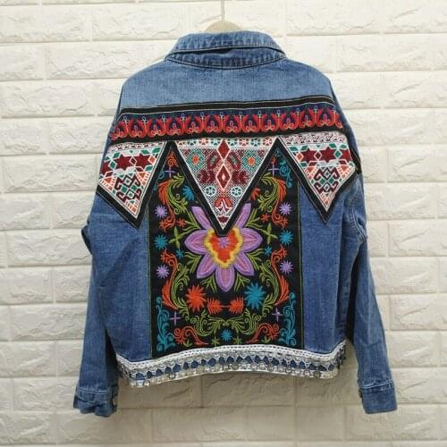 Ethnic Style Geometric Pattern Embroidery Denim Jacket For Women Vintage Long-Sleeve Jeans Basic Coat Spring Female Outwear