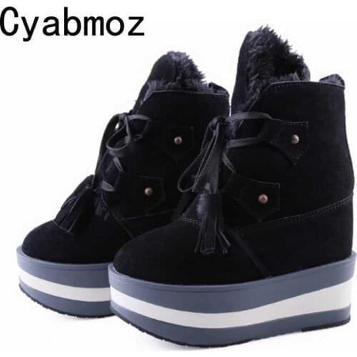 Genuine Leather Women snow Boots winter keep warm women ankle Boots flat platform height increasing 11cm Female Shoes black