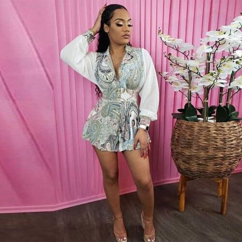 Paisley Bandanna Print Women Playsuits Turn Down Collar Lantern Sleeve Short Jumpsuit Fashion Backless One Piece Bodysuit New