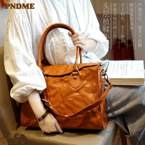 PNDME fashion luxury genuine leather women briefcase handbag casual vintage natural cowhide ladies laptop shoulder messenger bag