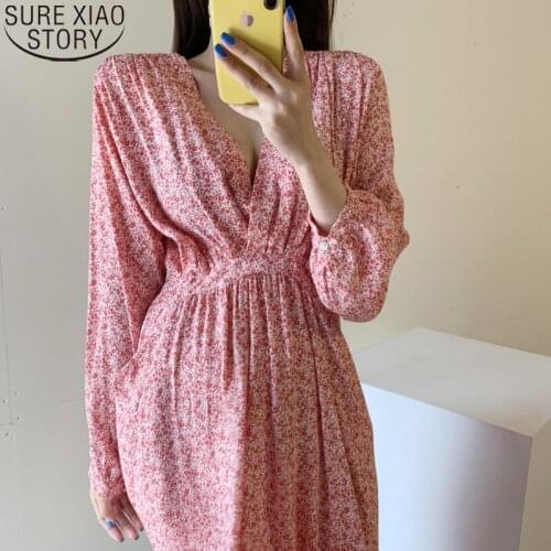 Korean Chic V-neck Double Pocket Puff Long Sleeve Floral Dress 2021 Autumn Women Dresses Midi Long Dress Vestido Feminino 15234