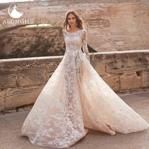 Aedmgh A-Line Wedding Dresses 2021 Sweetheart O-Neck Long Sleeve Vestido De Novia Lace Romantic Bridal Gown Robe De Marige