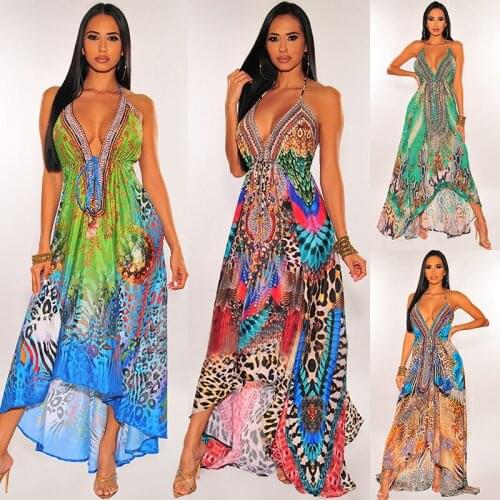 Women Sexy Vintage Print Lace-Up Backless y2k Vestidos Mujer Robe Longue Femme Elegant Halter V Neck Sleeveless Party Maxi Dress