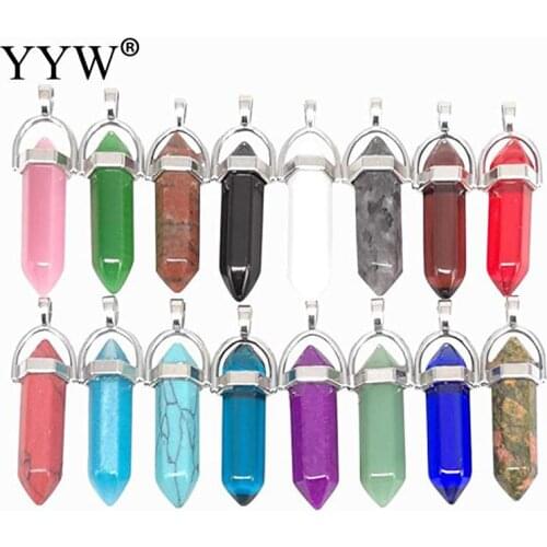 16pcs/Bag Quartz Gemstones Pendant Fashion Jewelry Zinc Alloy Natural Crystal Column Pendants DIY Necklace Women Random Sent