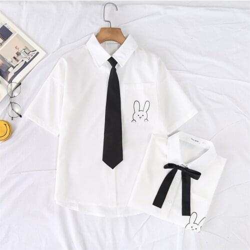 Cute Rabbit Women Blouses Shirt Summer Short Sleeve White Tops With Tie Bow Japanese Korean JK Style Female Shirts Lapel Blouses