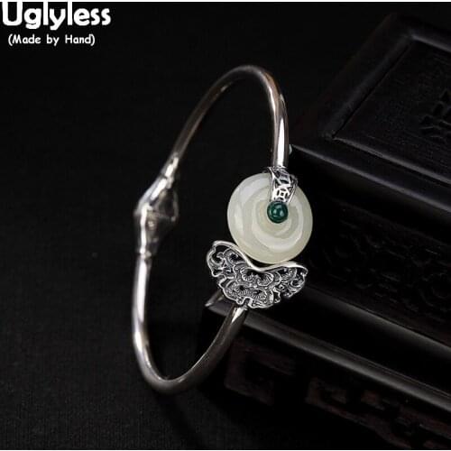 Uglyless 100% Real 925 Sterling Thai Silver Butterfly Bangles for Women Natural Jade Button Open Bangle Ethnic Fine Jewelry Gems