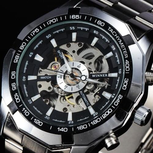 New WINNER Watch Fashion Automatic Mechanical Men Watches Tachymeter Skeleton Dial Stainless Steel Band Sport Wristwatch Gift