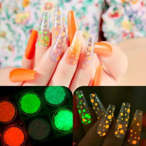 1Set Fluorescent Luminous Glitter Nail Art Butterfly Round Ultra-thin Nail Glitter Flakes Powder Glow In Dark 6colors Glitter