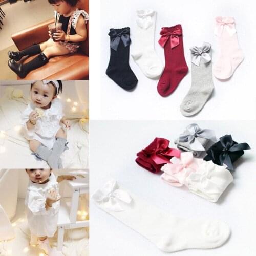 Infant Baby Girls Knee High Socks Cotton Bowknot Ribbon Cotton Autumn Winter Socks Solid Pink Red White Gray Black