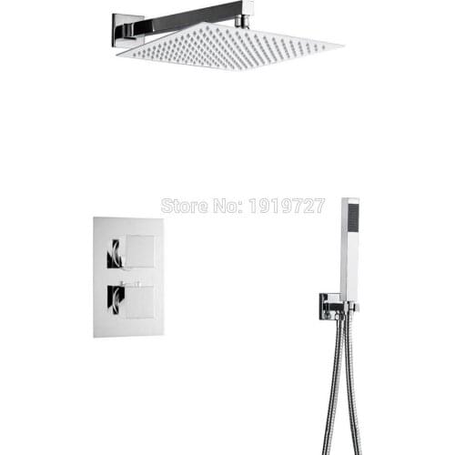 Quality Bathroom Shower Faucet Set Solid Brass 10" Thermostatic 2 Outlet Shower System Set With Square Shower Head Hand Spray