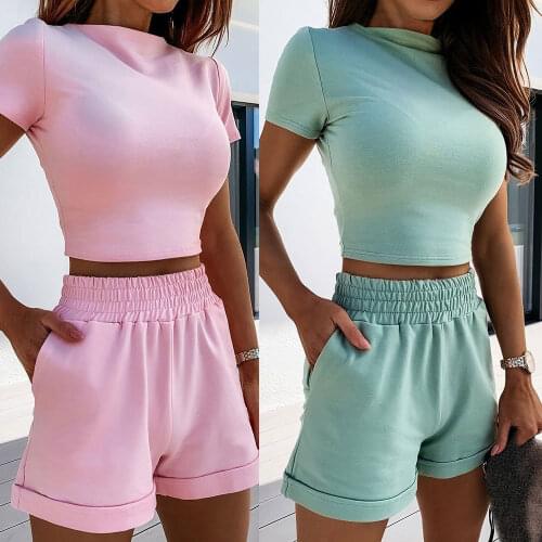 Newest Arrival Women Summer Casual Set 2Pcs Sportswear Sets Girls Short Sleeve Cropped Top+Elastic Waist Shorts Casual Outfits