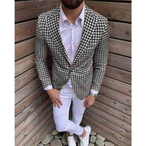 Newest Houndstooth Mens Suit 2Pcs Wedding Suits for Men Groom Marriage Tuxedo Dress Blazer Custom Black Casual Jacket Pants Set