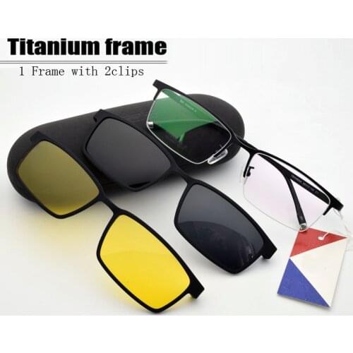 Half Frame Titanium Glasses Frame Myopia For men Sunglasses Night-Vision Goggles with Polarized Clip Set of Magnet Lens