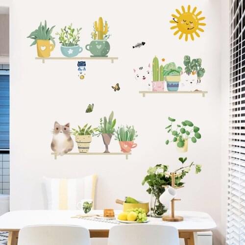 Hand-Painted Shelf Potted Sun Wall Stickers Hipster Style Shop Window Wall Balcony Decoration for Home Decor