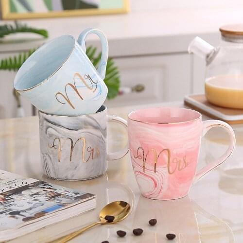 Luxury 380ml Marble Ceramic Mug Travel Coffee Mug Milk Tea Cups Creative Mr and Mrs Mugs Pink Gold Inlay Breakfast Home Decor