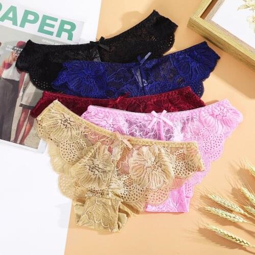 Low-waist Panties Women Sexy Lace Lingerie Temptation Embroidery Thong Transparent Hollow Out Underwear Female G String