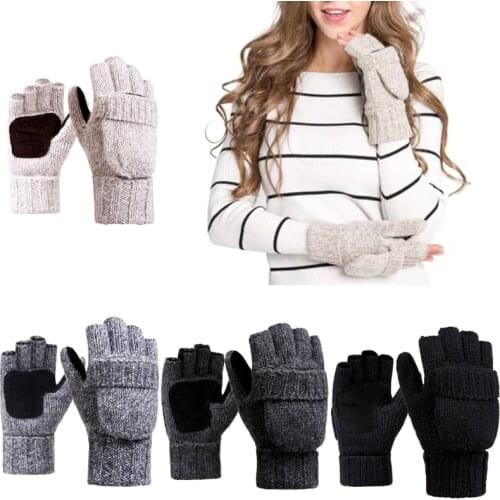 Unisex Wool Gloves Thermal Insulation Fingerless Gloves Winter Warm Knitted Convertible Mittens Flap Cover