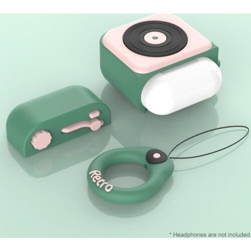 Retro Record Cute Cartoon Portable Silicone Bluetooth Earphones Protective Case Cover for AirPods 1/2 Anti-lost With Rope Ring