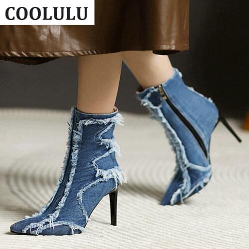 COOLULU Blue Denim Ankle Boots Pointy Toe High Heel Zipper Booties Woman Shoes High Heels Sexy Stiletto Winter Booties