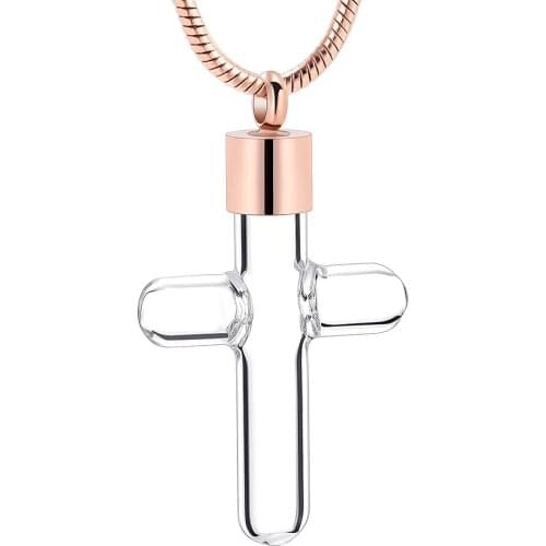 IJD9893A Glass crucifix Cylinder Vial Stainless Steel Cremation Memorial Pendant for Pet Human Locket Keepsake Necklace Jewelry