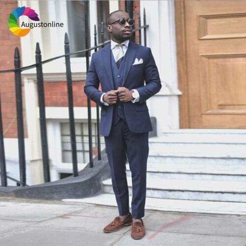 Custom Made Groom Wedding Suits for Men Navy Blue Peak Lapel Slim Fit Best Man Blazers 3Piece Jacket Pants Vest Groomsmen Tuxedo