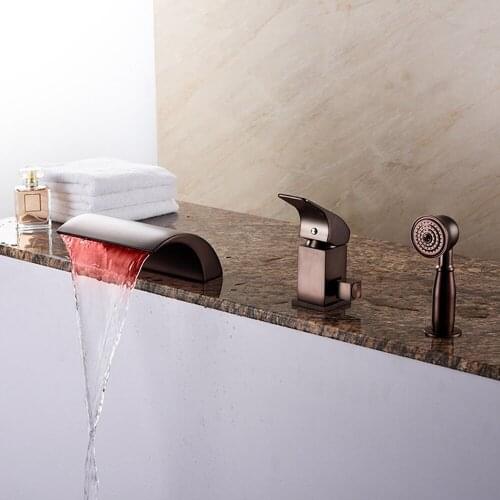 LED 3 Holes Jacuzzi Bathtub Faucet Hot and Cold Bathtub Waterfall Tap With Hand Shower Oil-rubbed Bronze Bathtub Tap