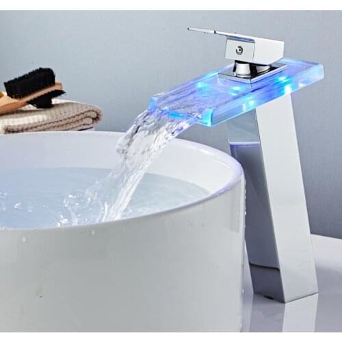 LED Color Changes Glass Waterfall Basin Faucet Bathroom Bath Tub Sink Mixer Tap Single Handle Tall Water Faucet Chrome Finish