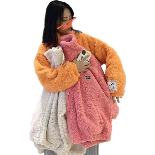 Winter Women Oversized Sweatshirt Plus Velvet Thicken Zip-Up Lamb Wool Hoodies Patchwork Pocket Street Fashion Fleece Outwear