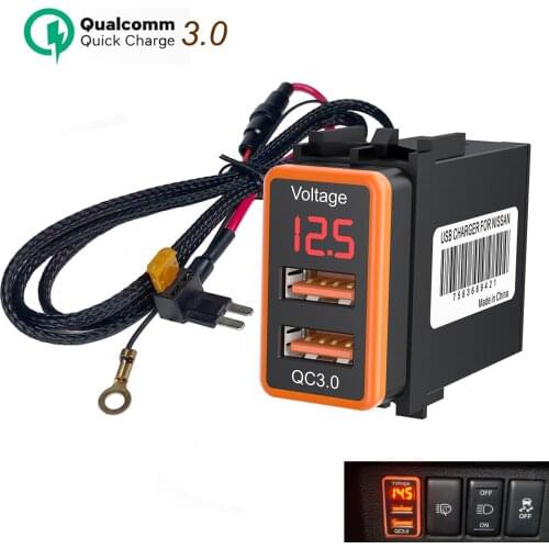 YANDZ Socket Dual 2USB Ports QC3.0 Quick Charge Adapter with Digital LED Display 12 V to 24 V Input Car Charger Fast for Nissan