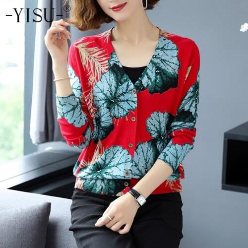 YISU Womens Knitted Cardigan 2020 Fashion Loose Printed cardigan Women Autumn Winter Long sleeve V-neck Knitted Sweater Cardigan