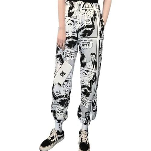 Women Fashion Cartoon Print Drawstring Pants Casual Loose Waist Hip Hop Long Women Harajuku Trousers