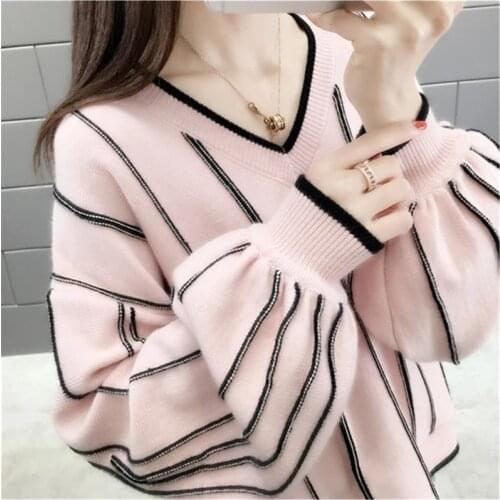 2021 New Autumn Winter Knitted Sweater Women Loose Wild Fashion V Neck Striped Pullover Patch Pull Femme Lady Clothes