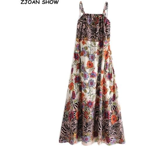 2021 Bohemia Contrast color Flower Print Tied Bow Spaghetti Strap Dress Back Elastic BOHO Woman Sling Midi Long Dresses Beach
